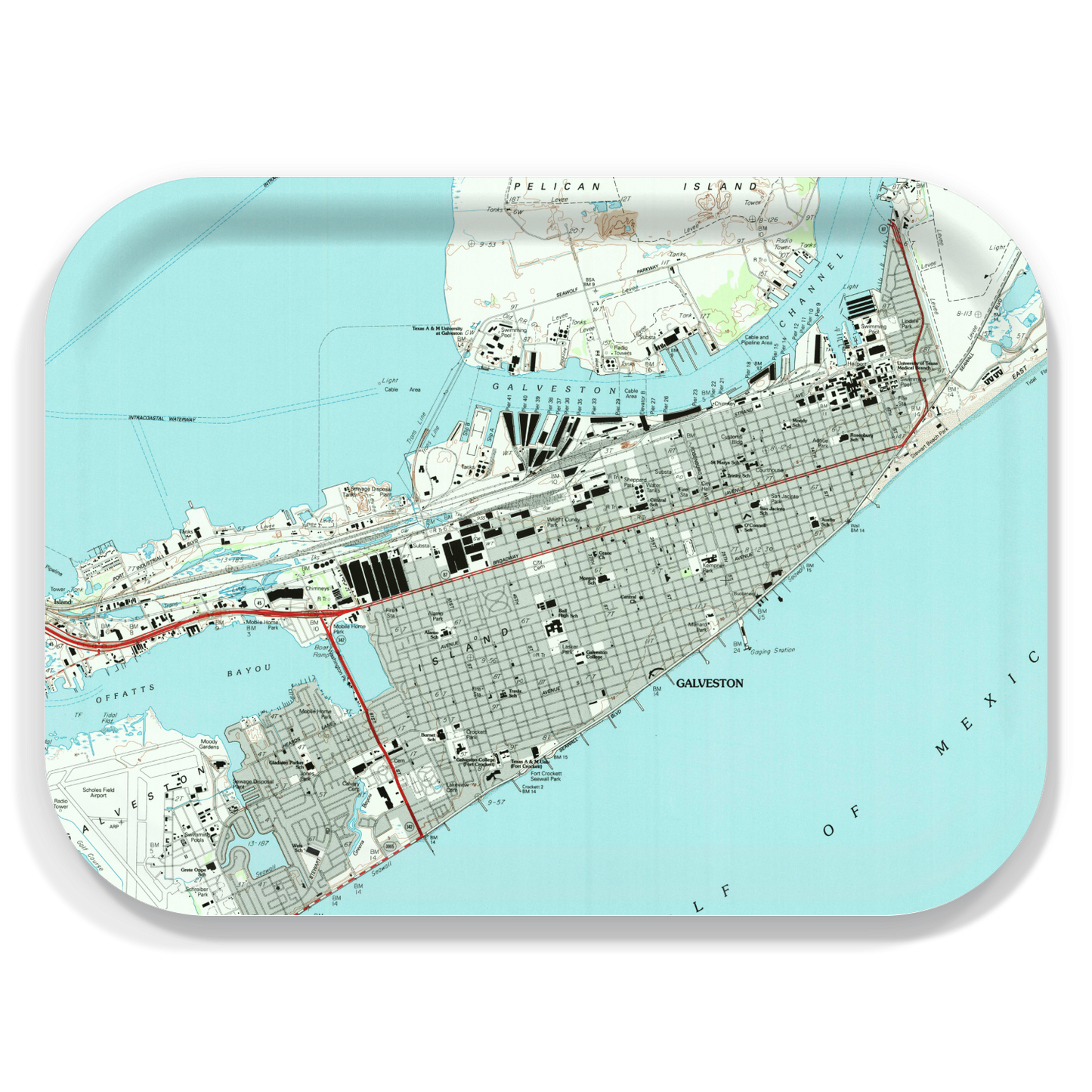 Galveston Texas Vintage Map Birchwood Tray – 11" x 8" Serving Tray