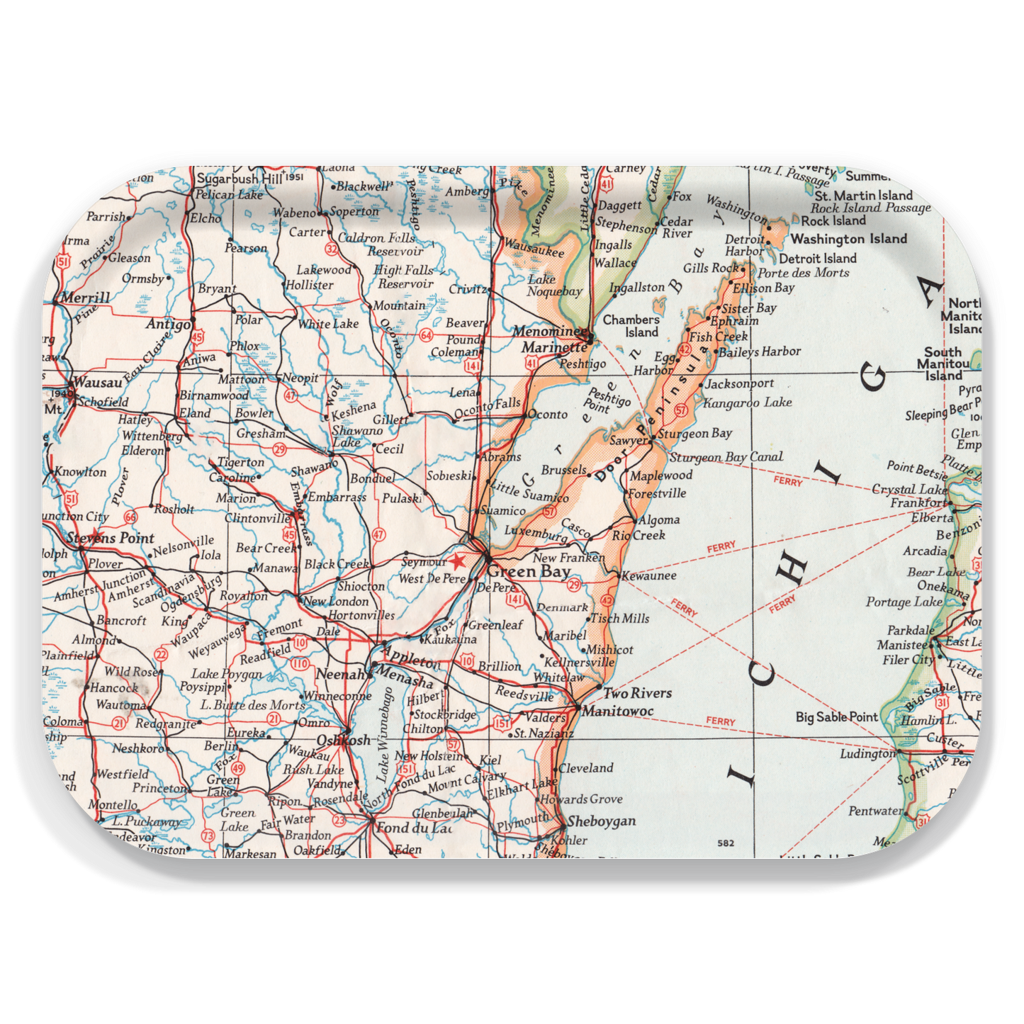 Green Bay Wisconsin Vintage Map Birchwood Tray – 11" x 8" Serving Tray
