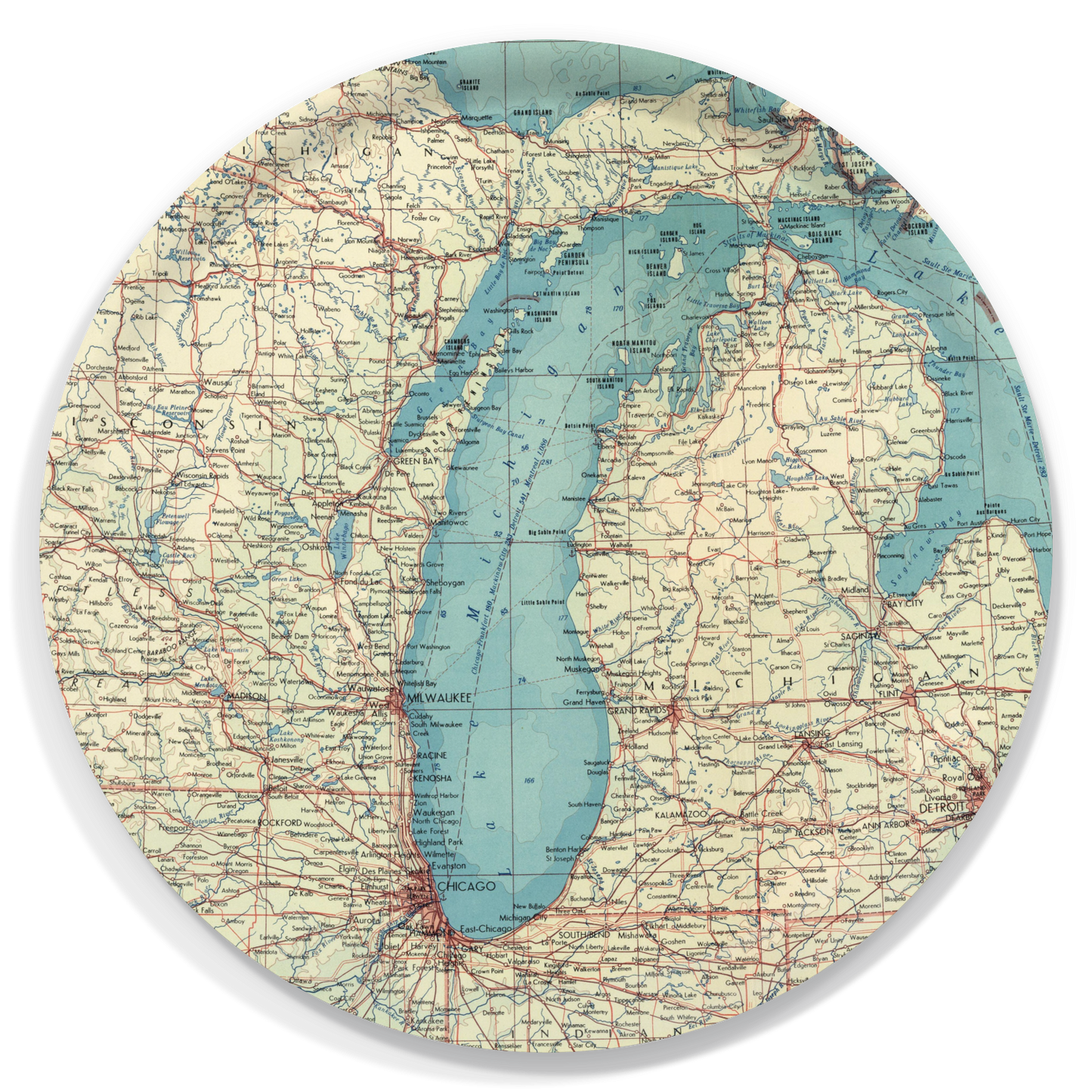 Lake Michigan Vintage Map Round Birchwood Tray – 15.5" Serving Tray