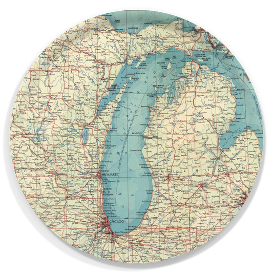 Lake Michigan Vintage Map Round Birchwood Tray – 15.5" Serving Tray