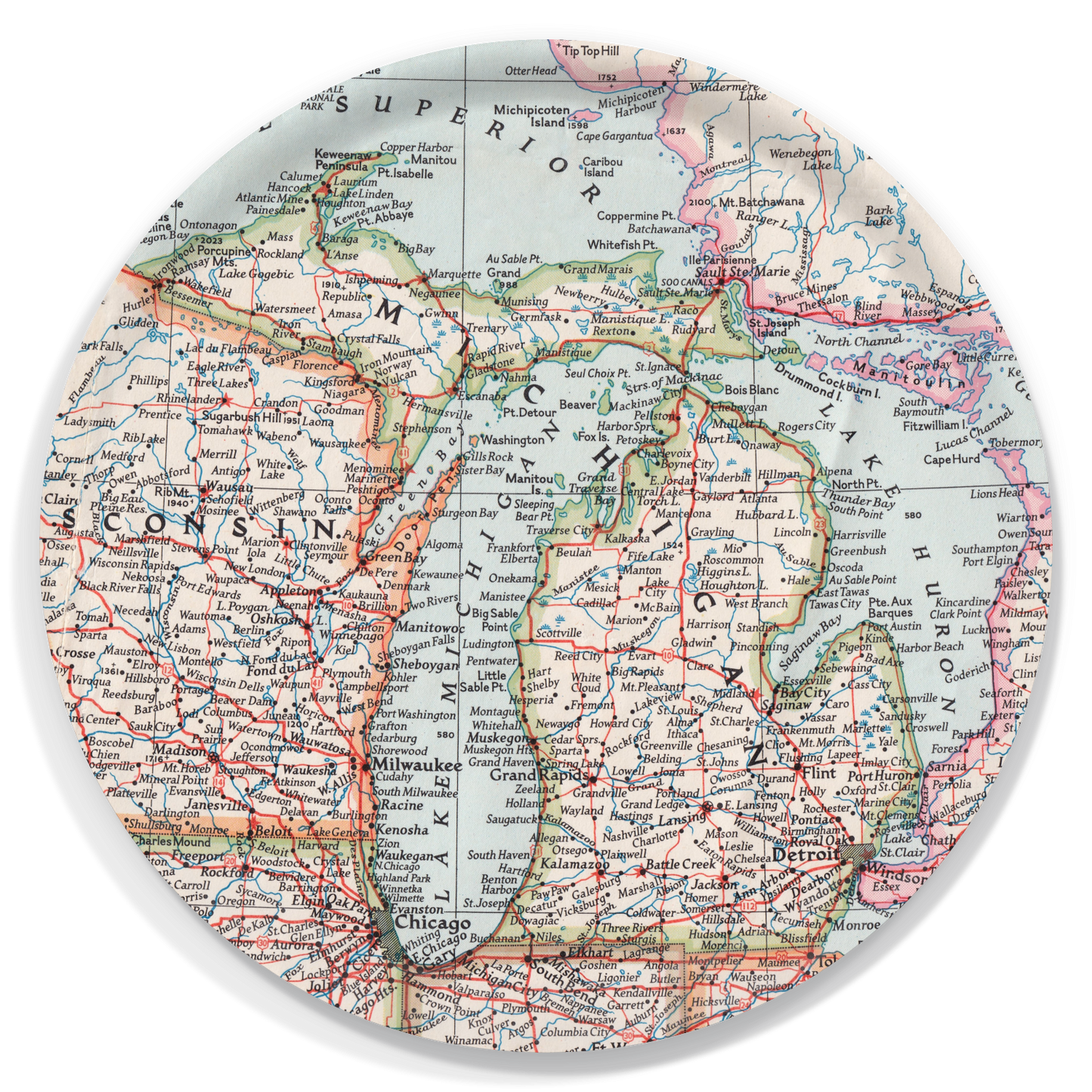 Michigan Vintage Map Round Birchwood Tray – 15.5" Serving Tray