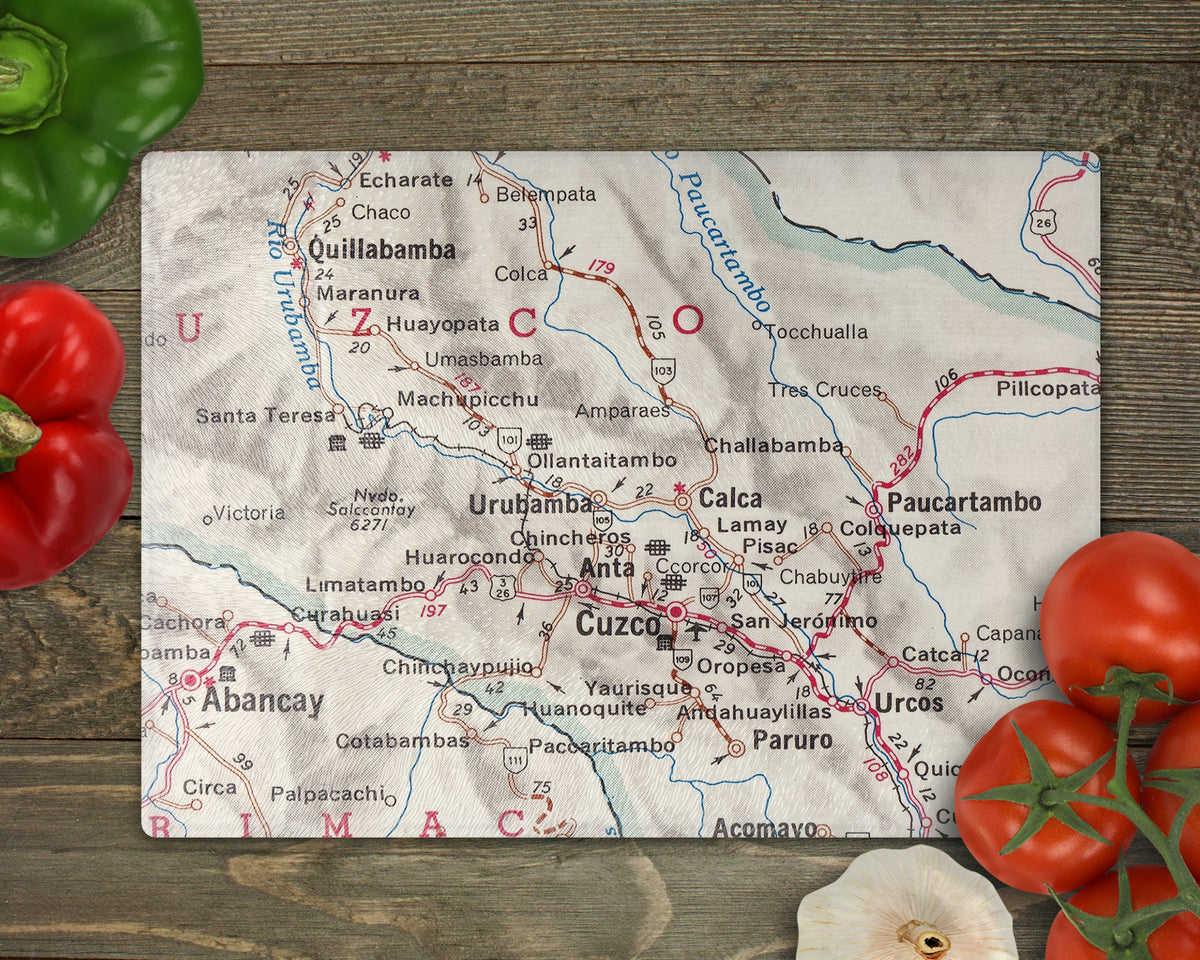 Cusco & Sacred Valley Peru Vintage Map Glass Cutting Board | Machu Picchu Travel Gift