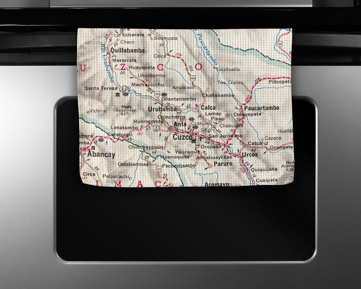 Cusco & Sacred Valley Peru Vintage Map Kitchen Towel | Machu Picchu Waffle-Weave Tea Towel