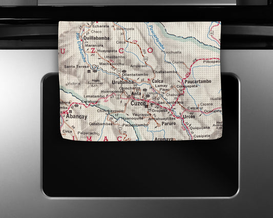 Cusco & Sacred Valley Peru Vintage Map Kitchen Towel | Machu Picchu Waffle-Weave Tea Towel