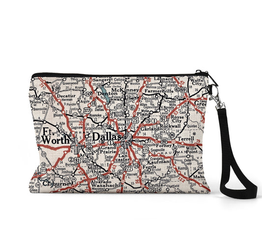 Dallas Texas map wristlet travel pouch