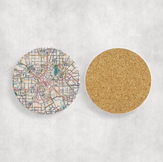 Dallas Texas vintage map ceramic coaster with cork backing