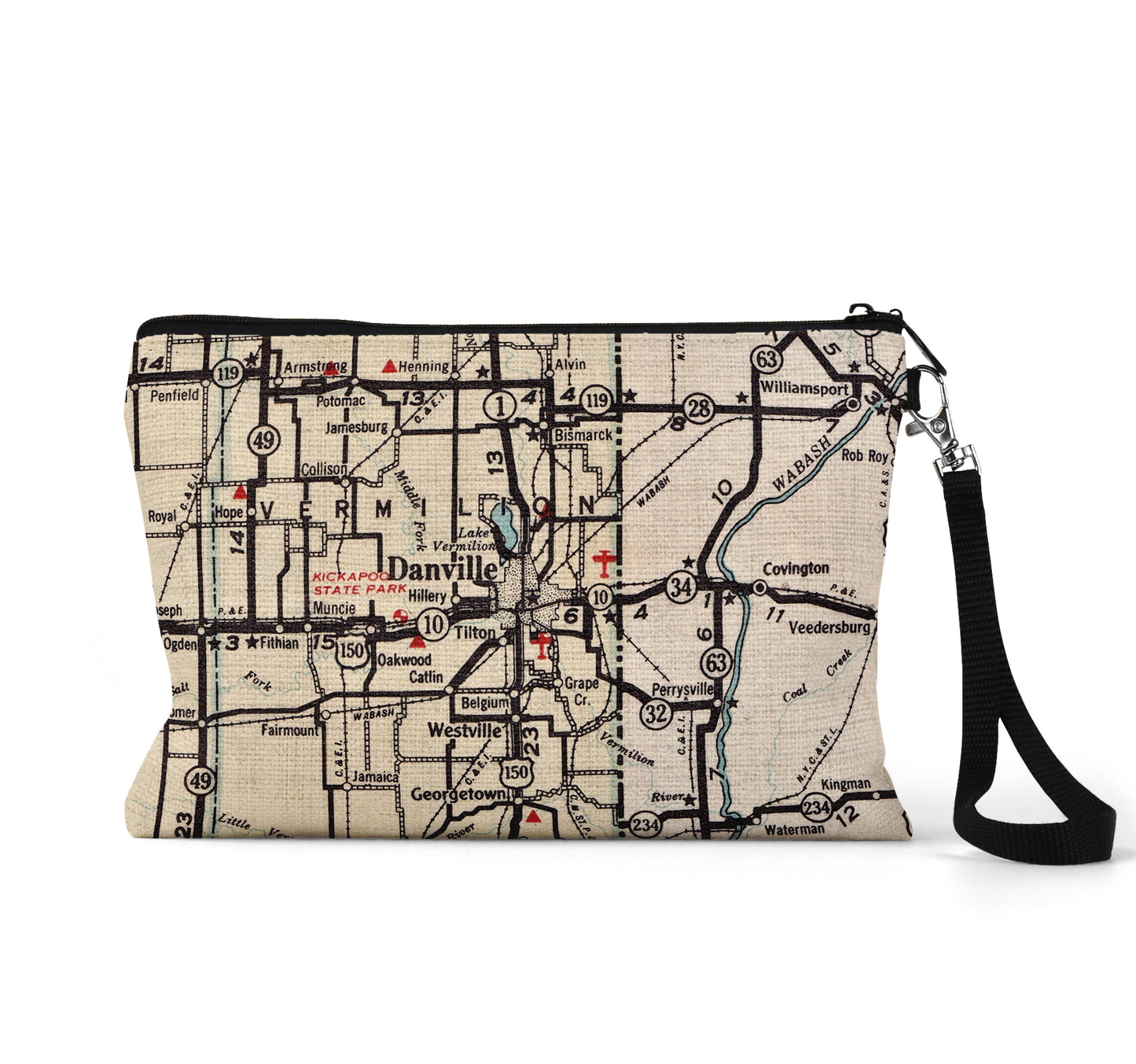 Danville Illinois map wristlet travel pouch