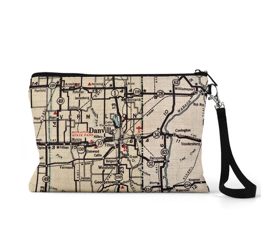 Danville Illinois map wristlet travel pouch