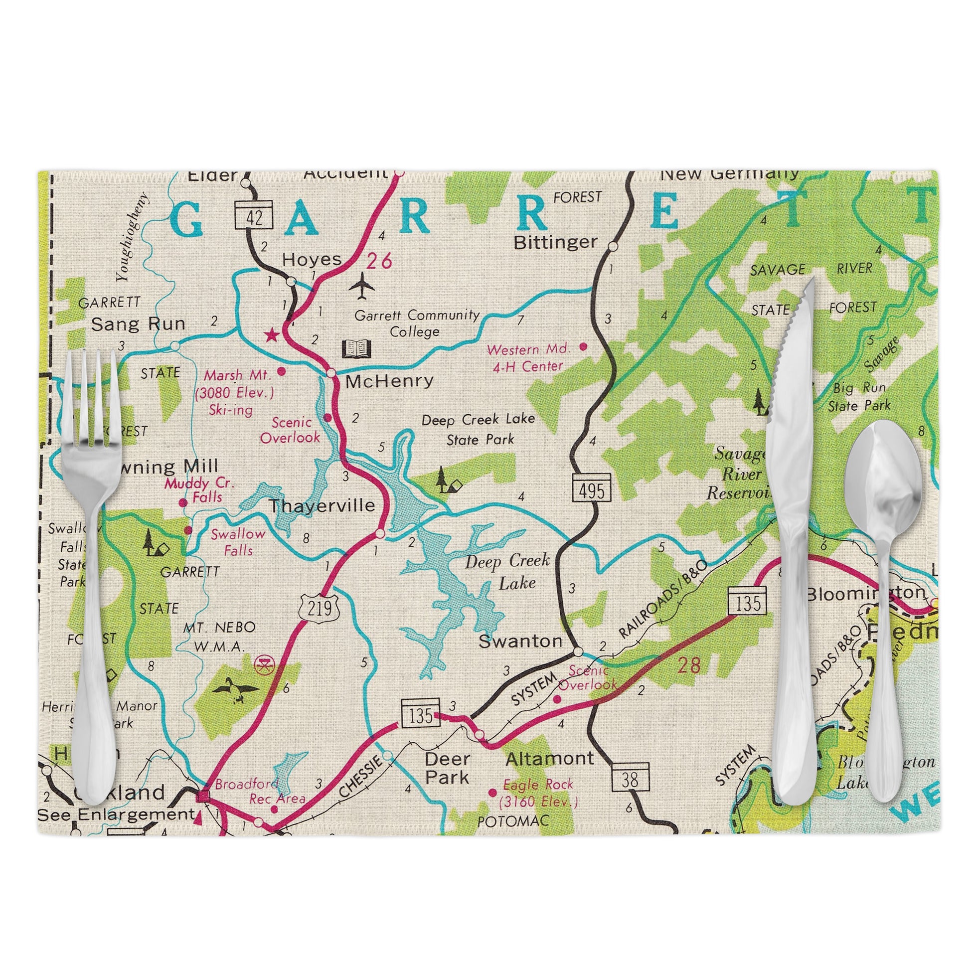 Deep Creek Lake Maryland Vintage Map Placemats Set of 4