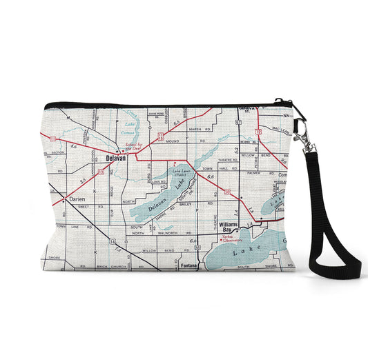 Delavan Lake Wisconsin map wristlet travel pouch