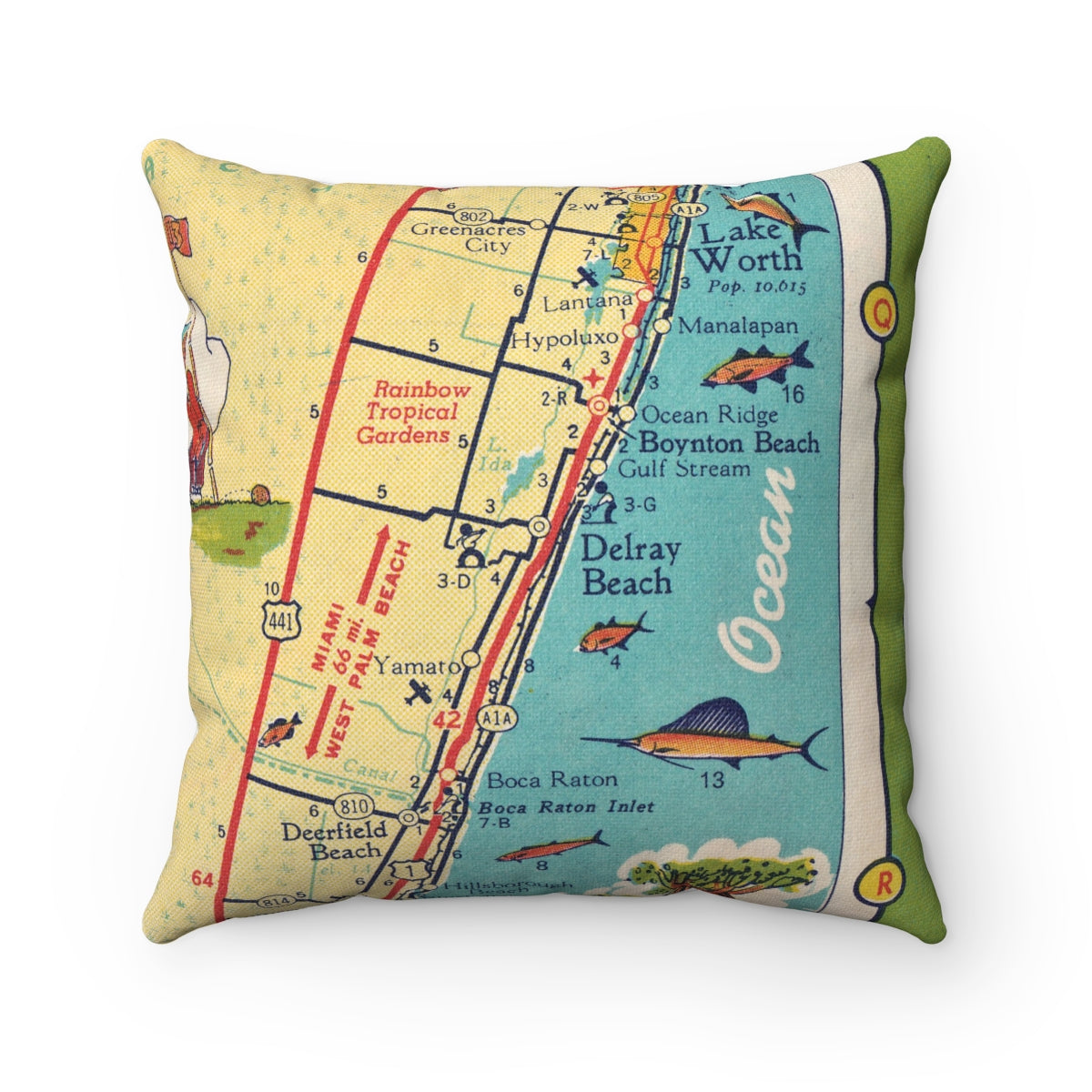 Delray Beach Florida vintage map pillow