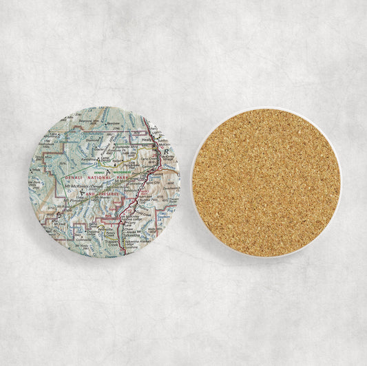 Denali National Park Map Coasters | Set of 4 Vintage Denali National Park Drink Coasters | Travel-Inspired Home Decor