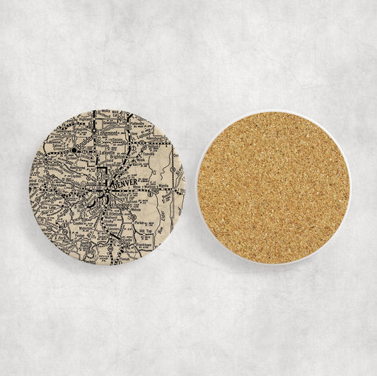 Denver Colorado Map Coasters | Set of 4 Vintage Denver Colorado Drink Coasters | Travel-Inspired Home Decor