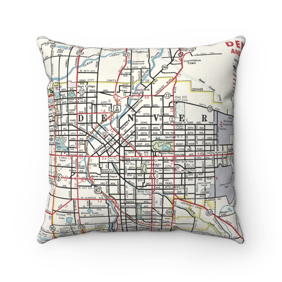 Denver Colorado vintage map pillow