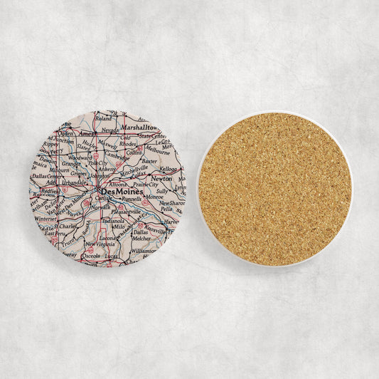 Des Moines Iowa vintage map ceramic coaster with cork backing
