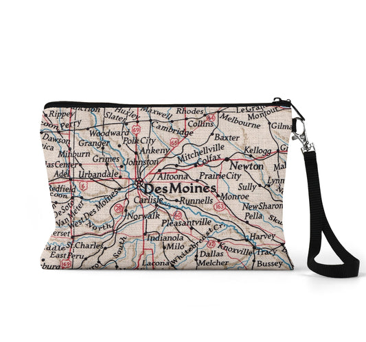 Des Moines Iowa map wristlet travel pouch