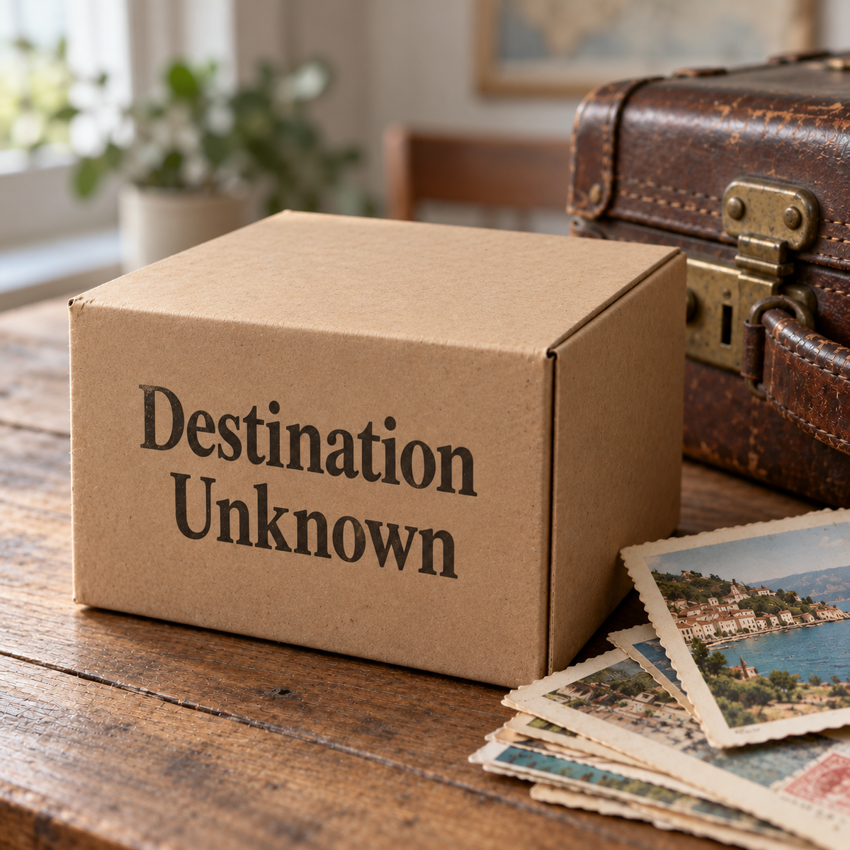 Kraft box stamped Destination Unknown next to a vintage suitcase and postcards