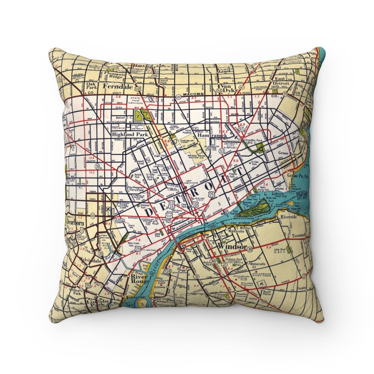 Detroit Michigan vintage map pillow