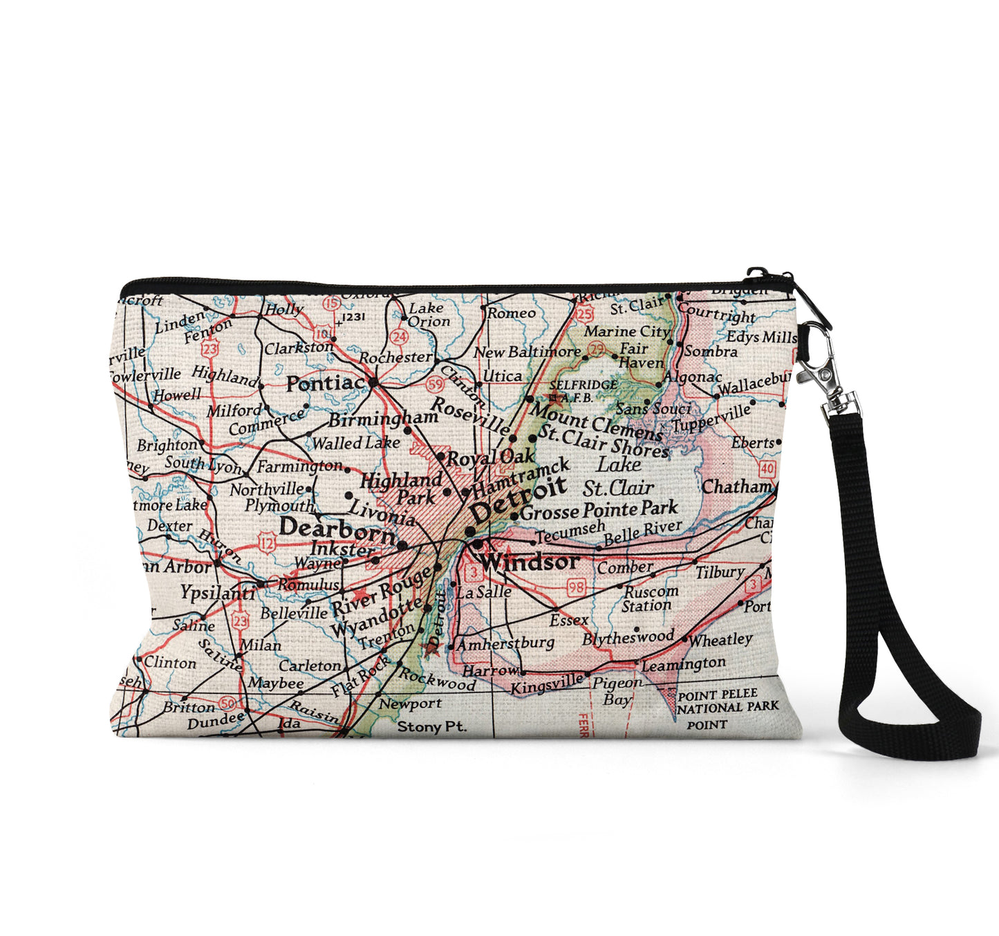 Detroit Michigan map wristlet travel pouch