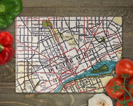 Detroit Michigan Vintage Map Glass Cutting Board | Detroit City Gift | Detroit Kitchen Decor | Housewarming Gift