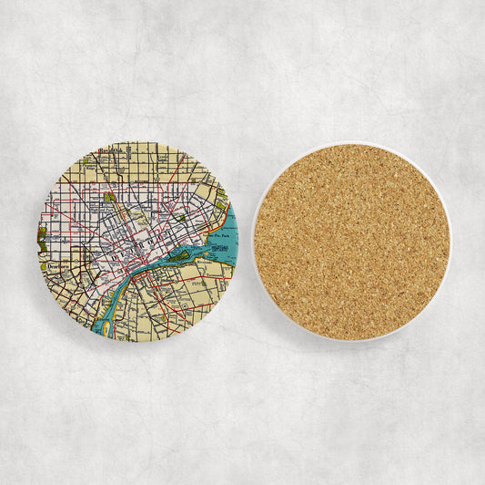 Detroit Michigan Map Coasters | Set of 4 Vintage Detroit Michigan Drink Coasters | Travel-Inspired Home Decor