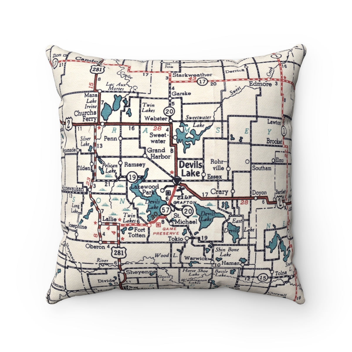 Devils Lake North Dakota vintage map pillow
