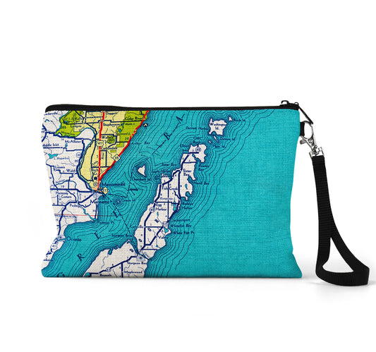 Door County Wisconsin map wristlet travel pouch