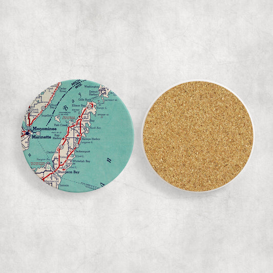 Door County Wisconsin Map Coasters | Set of 4 Vintage Door County Wisconsin Drink Coasters | Travel-Inspired Home Decor