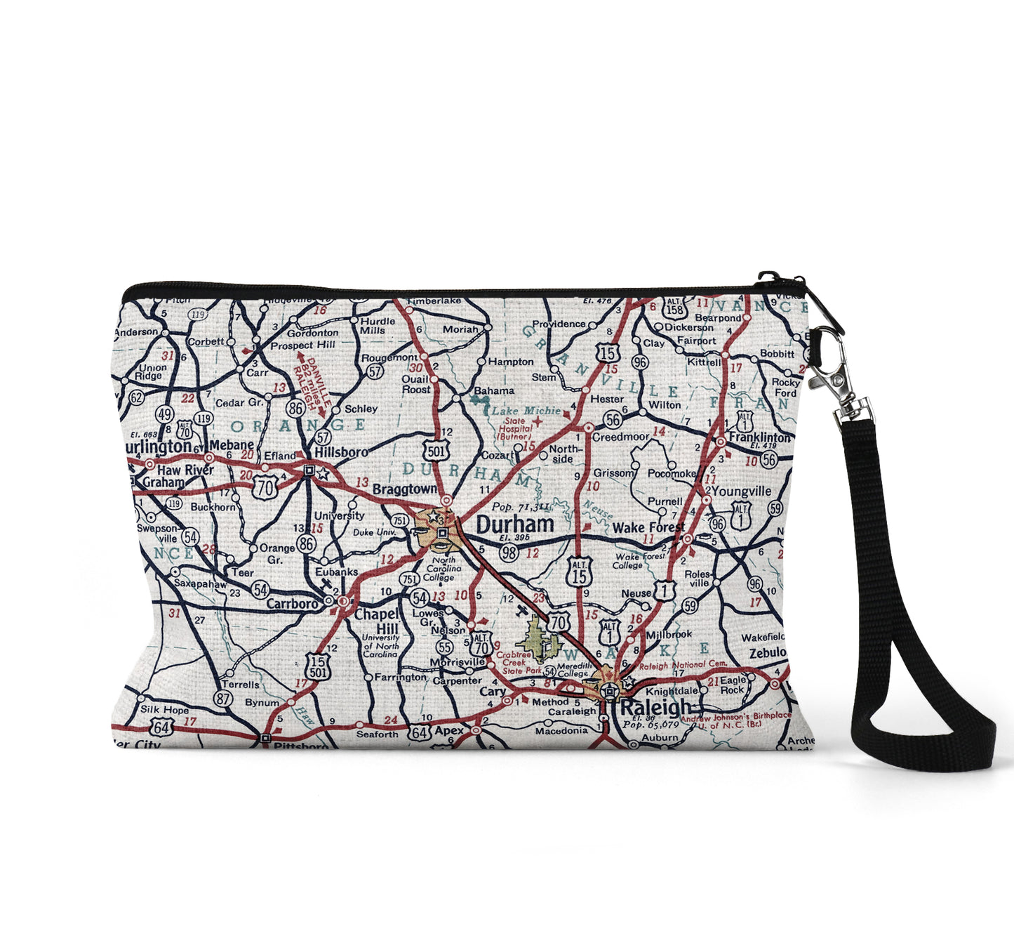 Durham North Carolina map wristlet travel pouch