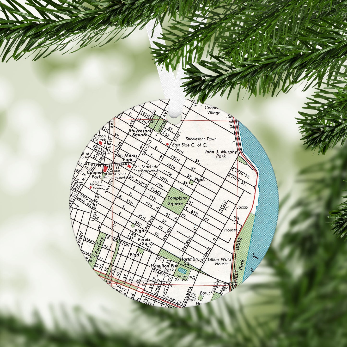 East Village, New York City Vintage Map Ornament