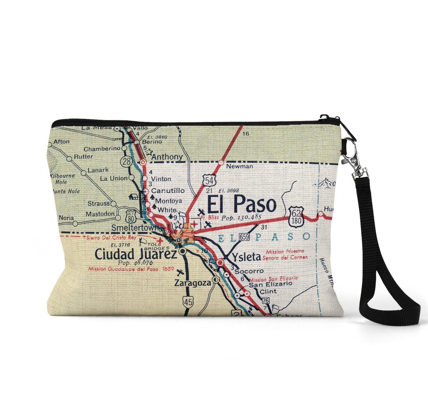El Paso Texas map wristlet travel pouch