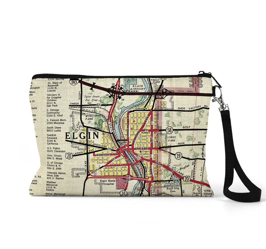 Elgin Illinois map wristlet travel pouch