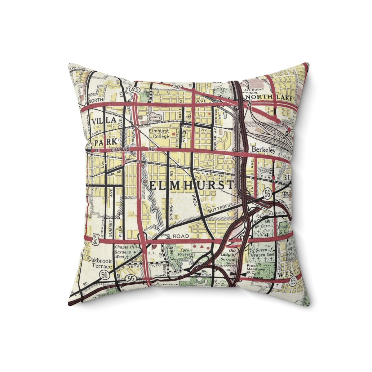 Elmhurst Illinois vintage map pillow