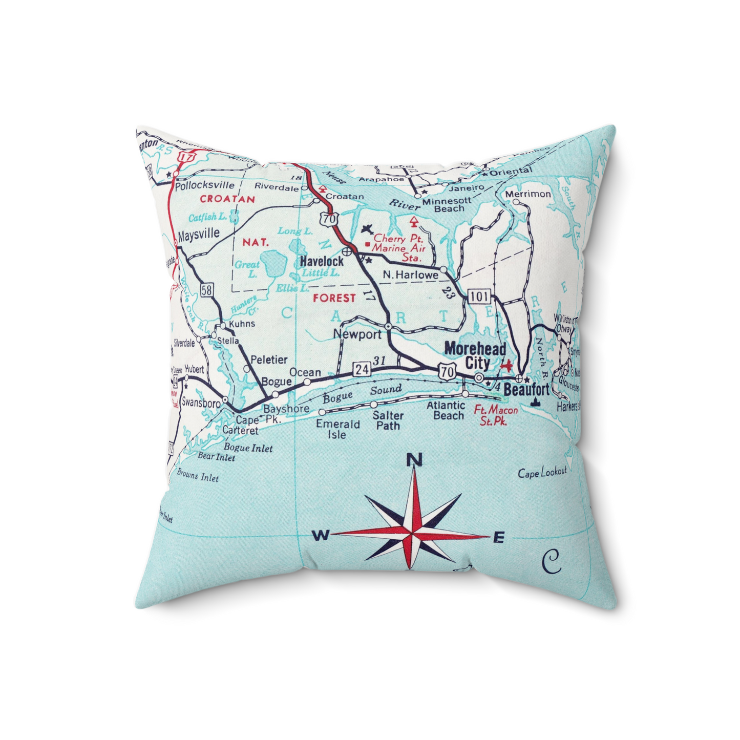 Emerald Island North Carolina vintage map pillow