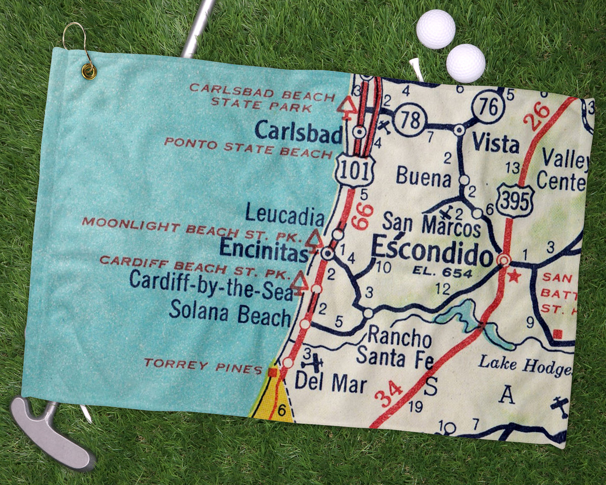 Encinitas California vintage map golf towel with a corner hook on grass beside golf clubs and balls featuring Carlsbad Cardiff-by-the-Sea and Del Mar