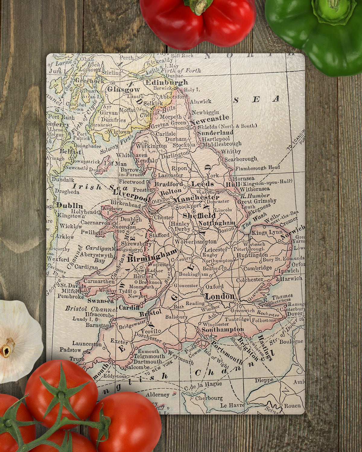 England vintage map glass cutting board showing London, Manchester, Liverpool, Wales and Edinburgh