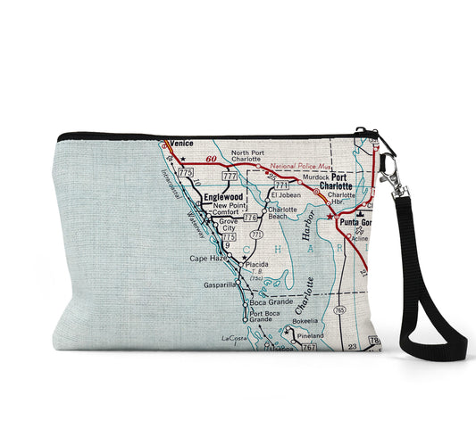 Englewood Florida map wristlet travel pouch