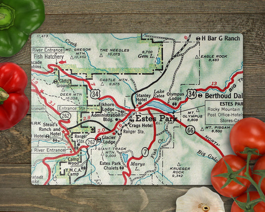 Estes Park Colorado vintage map glass cutting board