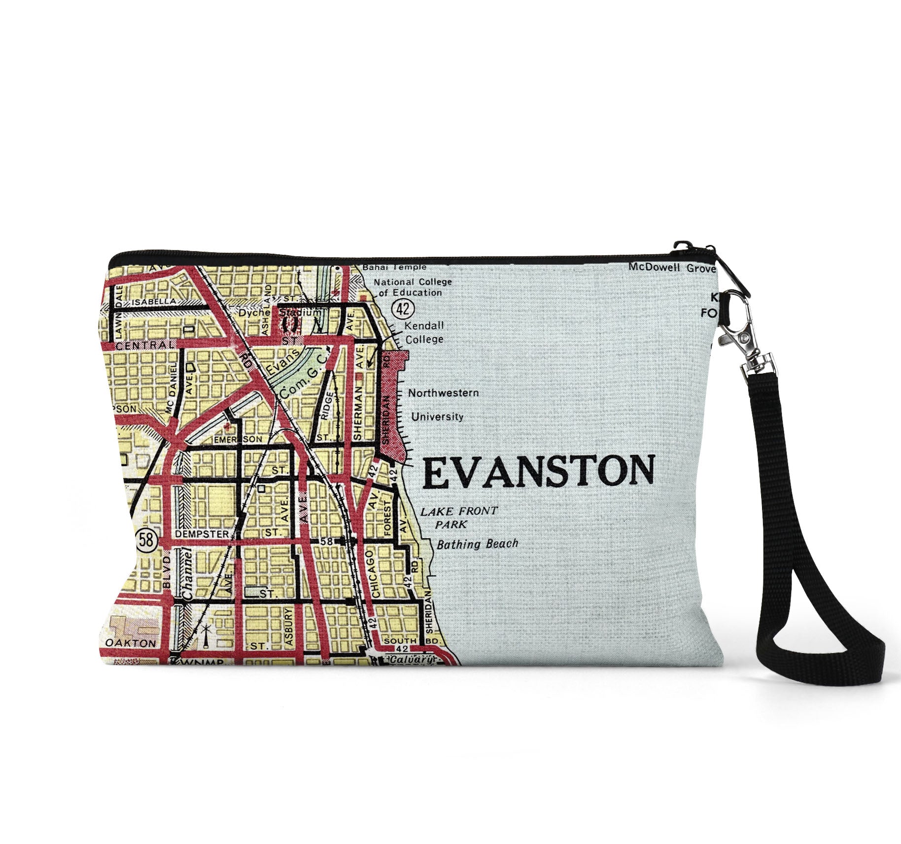 Evanston Illinois map wristlet travel pouch