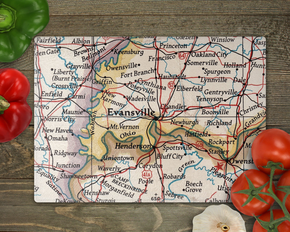 Evansville Indiana vintage map glass cutting board