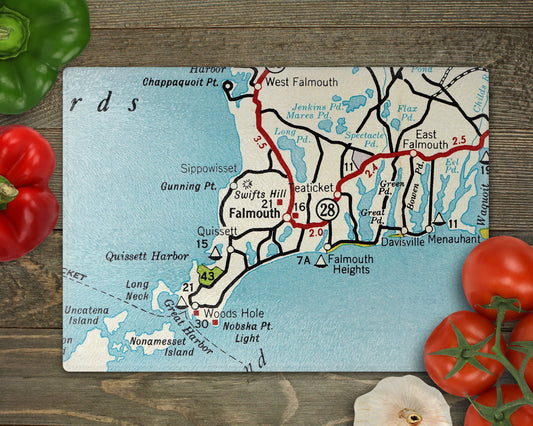 Falmouth Massachusetts Vintage Map Glass Cutting Board Charcuterie