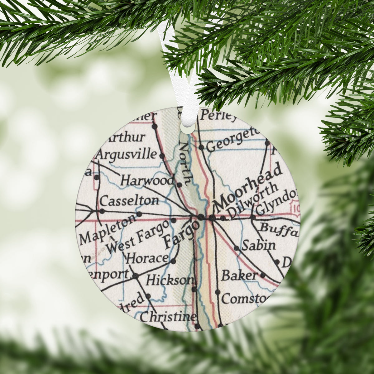Fargo North Dakota Vintage Map Ornament | Fargo North Dakota Travel Christmas Ornament