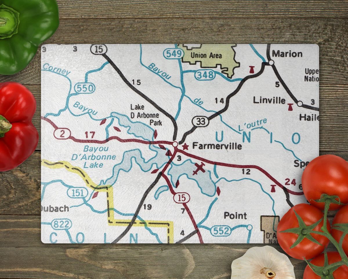 Lake D'Arbonne Louisiana Vintage Map Glass Cutting Board | Lake House Gift