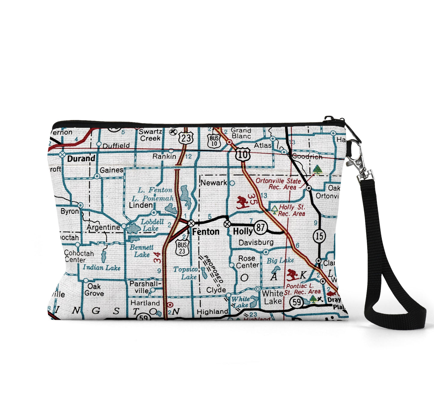 Fenton Michigan map wristlet travel pouch