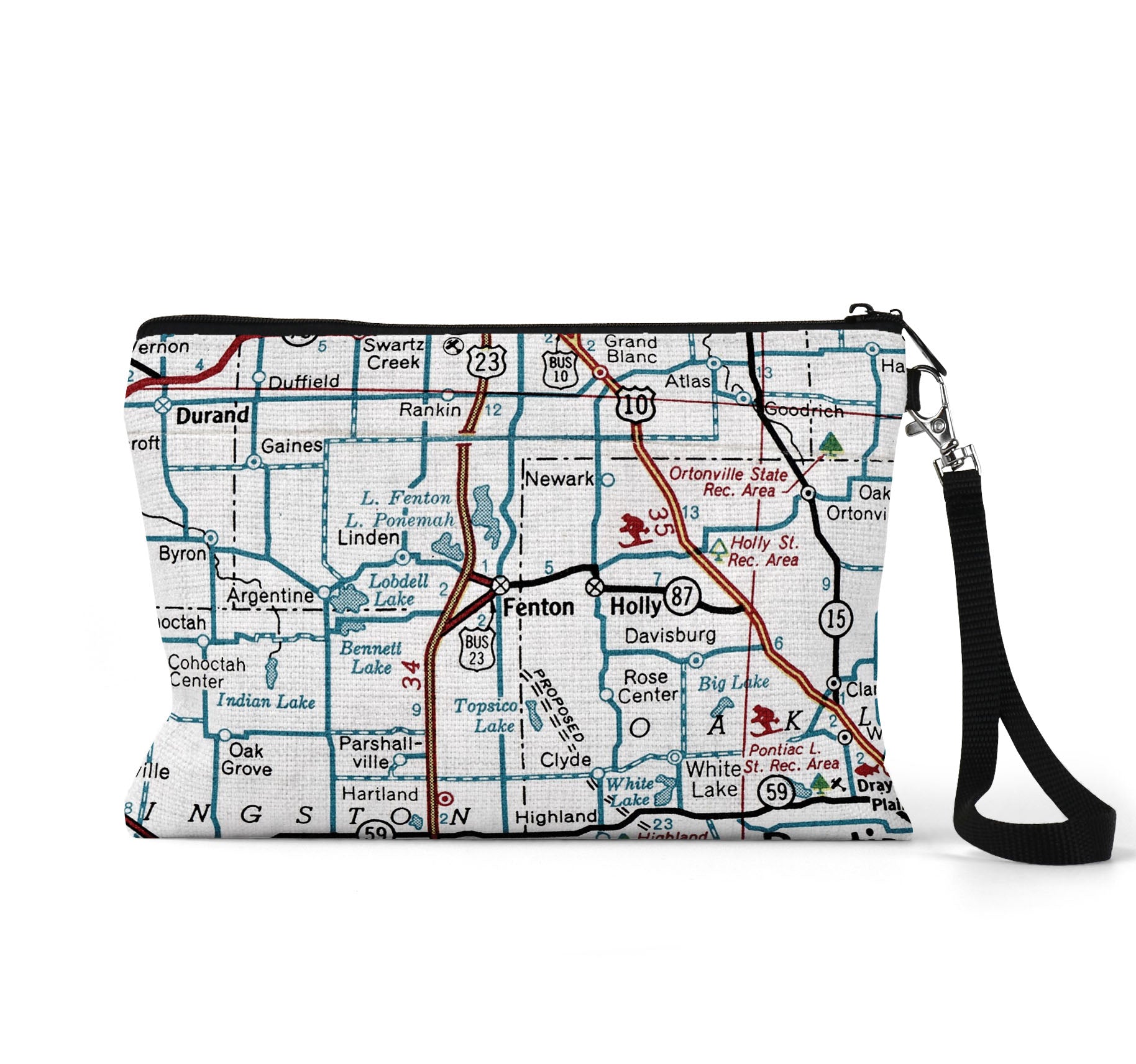 Fenton Michigan map wristlet travel pouch