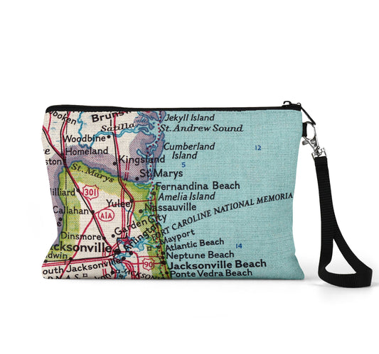 Fernandina Beach Florida map wristlet travel pouch