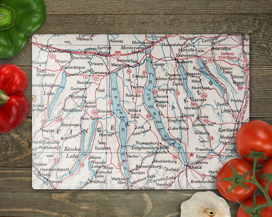 Finger Lakes New York Map Cutting Board | Vintage Finger Lakes Kitchen Decor | Lake & Wine Country Functional Art
