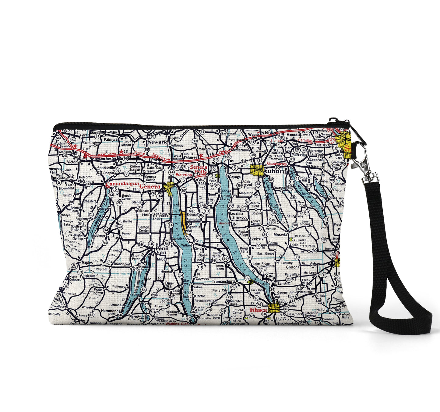 Finger Lakes New York map wristlet travel pouch