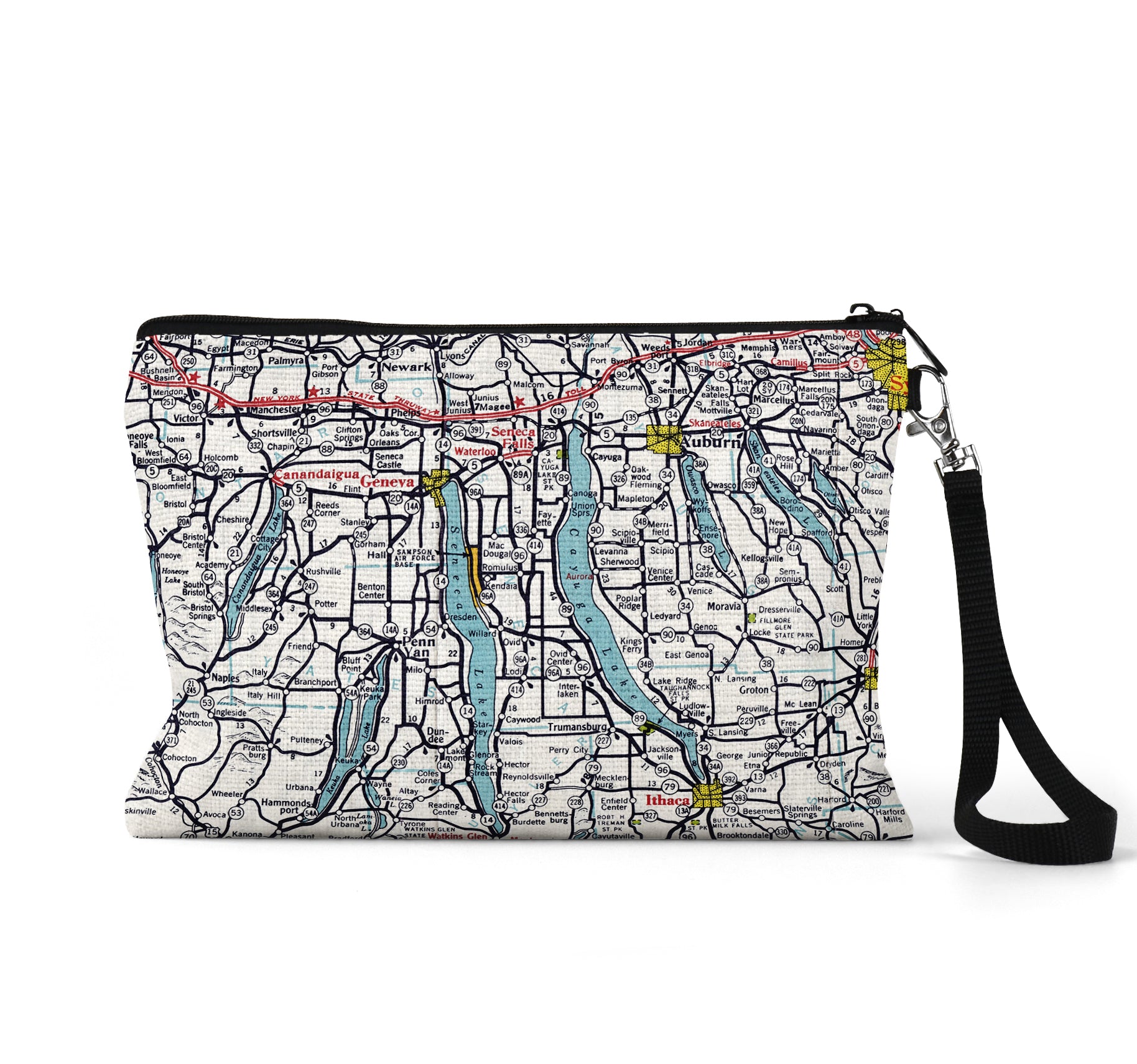 Finger Lakes New York map wristlet travel pouch