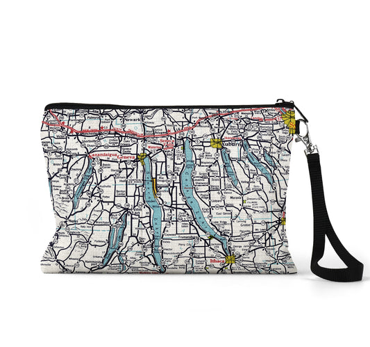 Finger Lakes New York map wristlet travel pouch